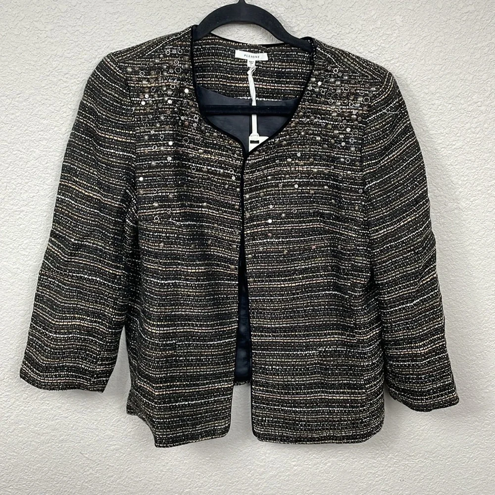 NWT Pleione Tweed Embellished Bellatrix Open Front Blazer Jacket Sz L